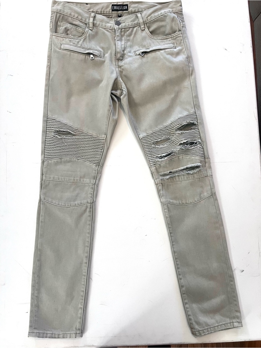 Embellish Distressed Biker Jeans With Zippers Slim Tapered Color Beige 34x33.5
